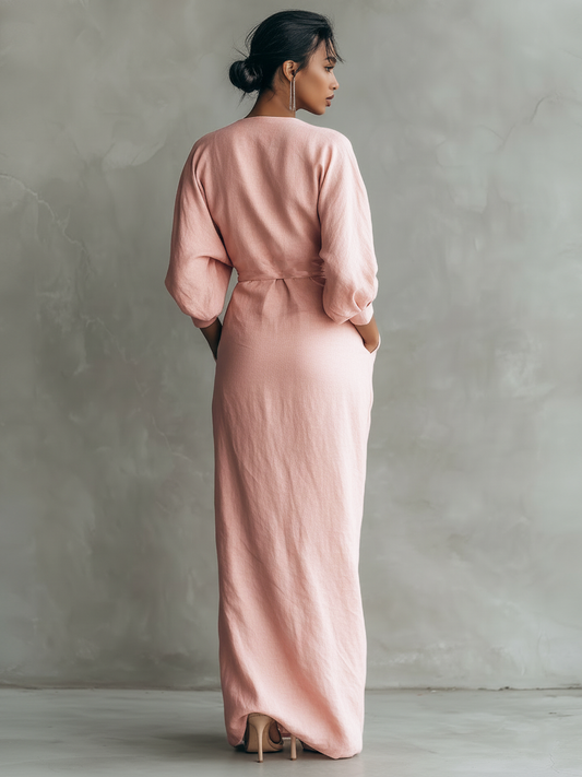 Nina | Vestido largo de lino rosa de estilo minimalista