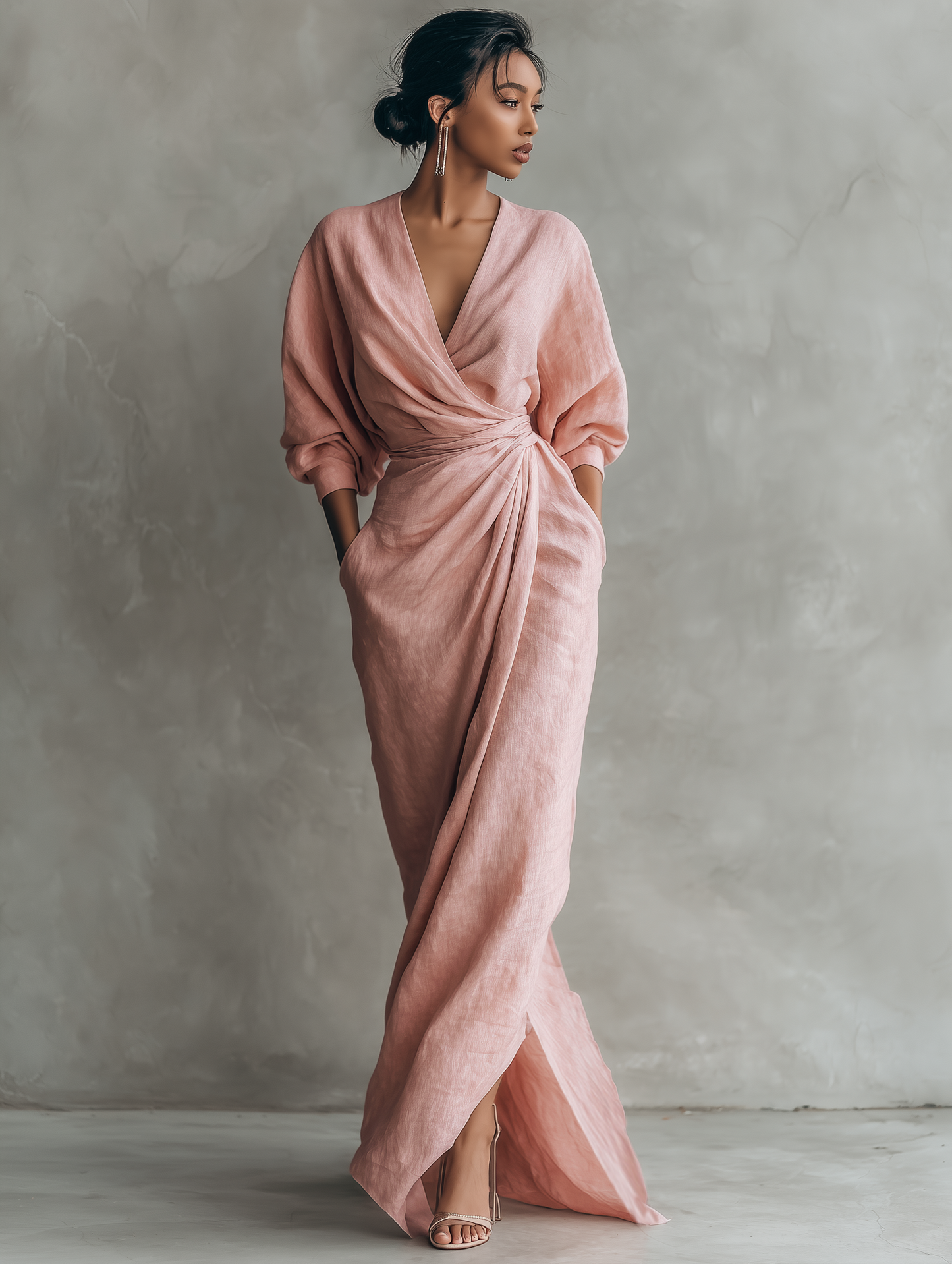 Nina | Vestido largo de lino rosa de estilo minimalista