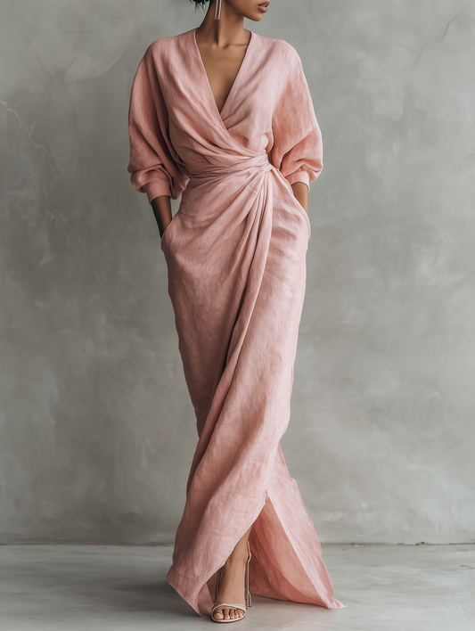 Nina | Vestido largo de lino rosa de estilo minimalista